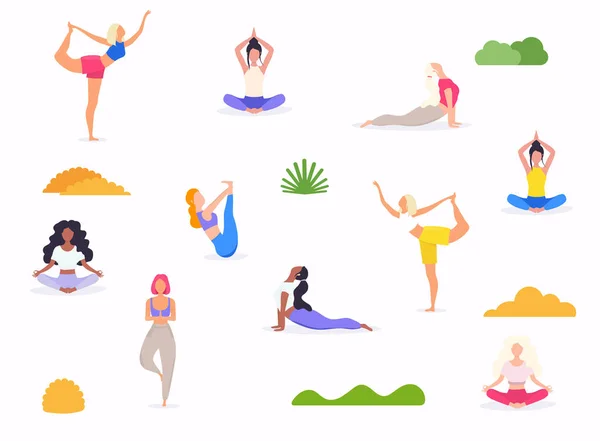 Formas Mujeres Haciendo Ejercicio Físico Yoga Conjunto Posiciones Yoga — Vector de stock
