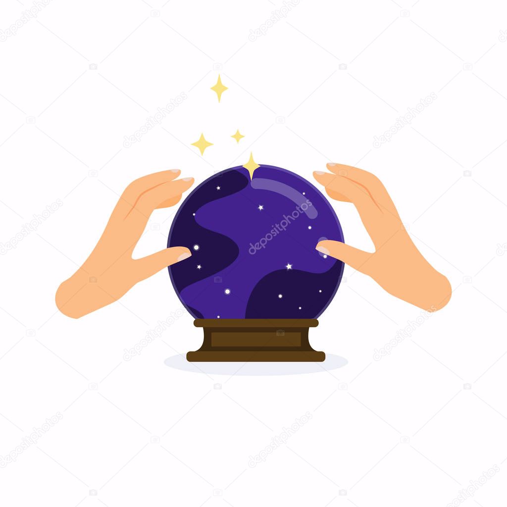 Magic crystal ball with hands, flat design modern illustration with fortune telling concept.