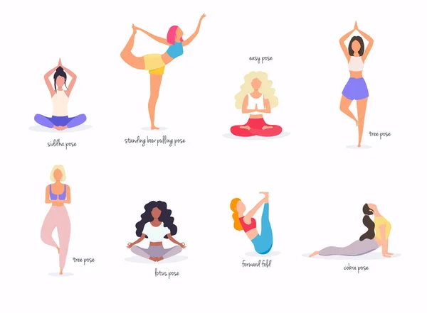 Conjunto Ilustraciones Mujeres Haciendo Varias Poses Yoga Sobre Fondo Blanco — Vector de stock