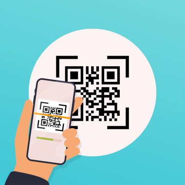 El akıllı telefon tutarak ve QR kodu tarama düz tasarım Illustration.