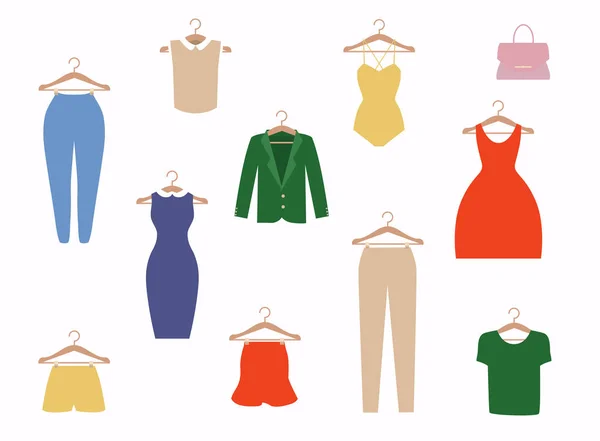 Set Icone Abbigliamento Elementi Shopping Design Piatto Sfondo Bianco — Vettoriale Stock