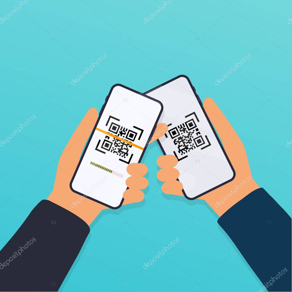 Flat design illustration of hands holding smartphones and scanning QR codes.