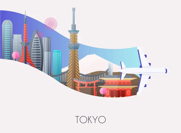 Ταξιδέψτε Στο Τόκιο Αεροπλάνο Σχεδιάζοντας Διακοπές Επίπεδη Σχεδίαση Μοντέρνα Εικόνα — Διανυσματικό Αρχείο