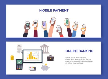 Mobil ödeme ve mobil bankacılık konsepti. Online ödeme yöntemleri düz tasarım vektör illüstrasyon kavramları. İnternet bankacılığı, online satın alma ve işlem, elektronik fon transferleri.