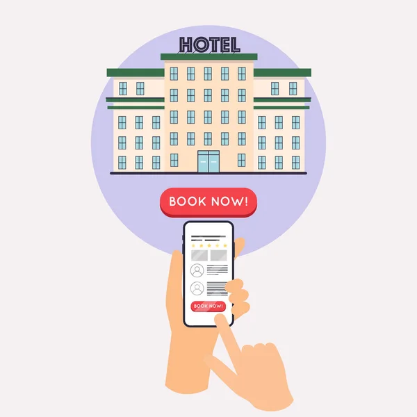 手持手机智能手机 应用搜索酒店 在城市地图上查找酒店 平面设计风格现代矢量插图概念 — 图库矢量图片