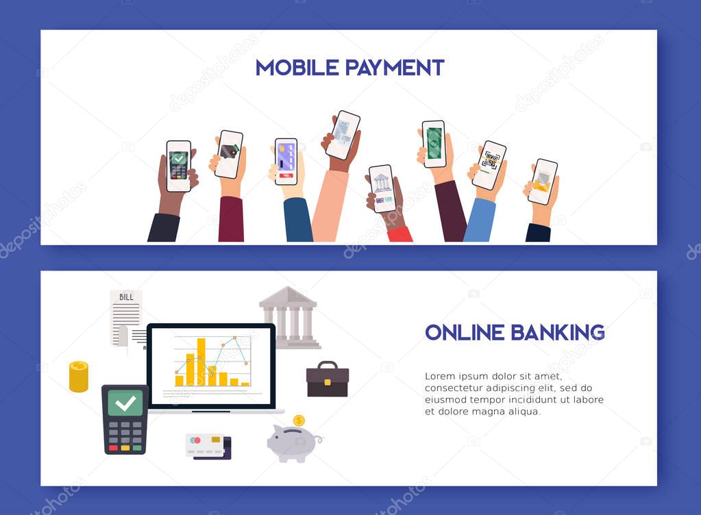 Mobile payment and mobile banking concept. Flat design vector illustration concepts of online payment methods. Internet banking, online purchasing and transaction, electronic funds transfers.