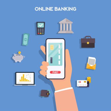 Mobil ödeme ve mobil bankacılık konsepti. Farklı ödeme türüne sahip telefonları tutan eller. İnternet bankacılığı, online satın alma ve işlem, elektronik para transferleri. Vektör çizimi.