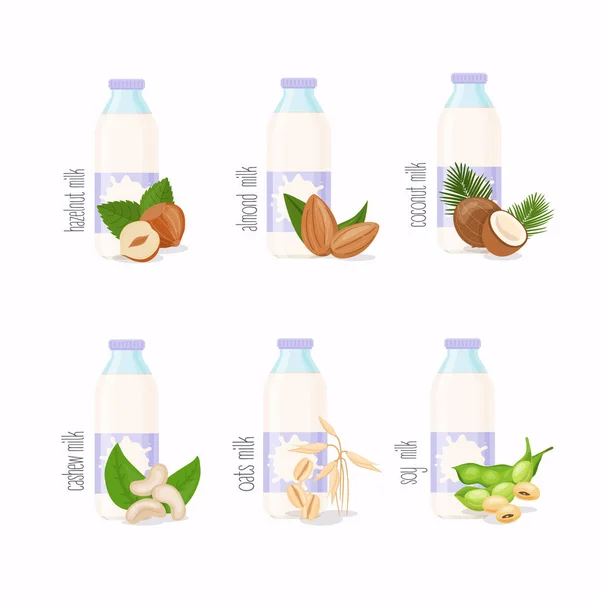 Set Van Verschillende Variaties Van Plantaardige Melk Witte Achtergrond — Stockvector