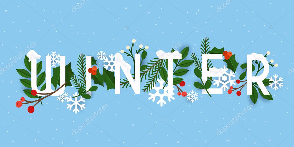 Winter. Leafs and snowflakes on the background. Flat design modern vector illustration concept.
