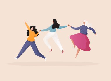 Dans eden bir grup genç kız. Komik çizgi film karakterleri. Moda retro biçimi.