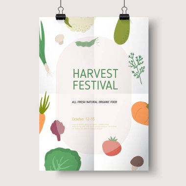 Hasat festivali ya da çiftçi broşürü. Organik sebzeli poster şablonları.