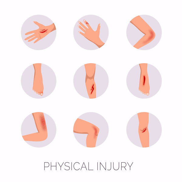 Human body physical injury round flat set. Open cut wounds and elbow bruise.