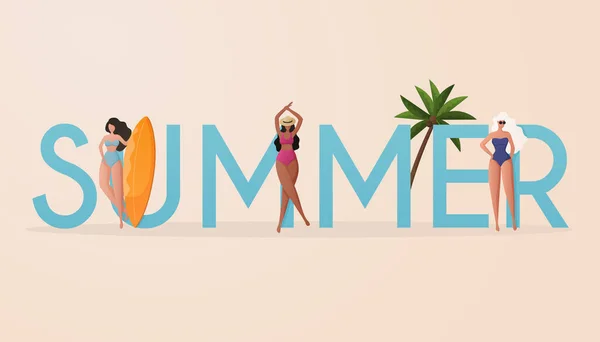 海滩夏季旅行的生活方式海报在复古风格 在海滩上穿比基尼的女人泳滩夏季旅游生活方式海报复古风格 — 图库矢量图片