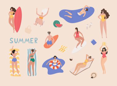 Summer Beach çizgi film insanları. Yazın sahilde açık hava aktiviteleri yapan bir kadın..