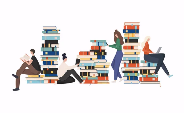 Jóvenes Lectores Elegantes Sentados Pila Libros Gigantes Lado Ella Leyendo — Vector de stock