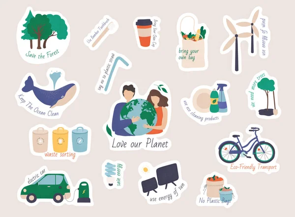 Verzameling Van Ecologie Stickers Met Slogans Inzameling Van Geen Afval — Stockvector