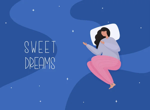 Junge Frau Schlafanzug Schlafend Auf Weichen Kissen Süße Träume Gutes — Stockvektor