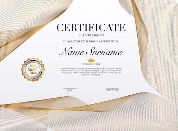 Modello Certificato Con Elemento Decorativo Dorato Diploma Progettazione Premio Illustrazione — Vettoriale Stock