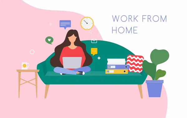 Raparigas Trabalhar Casa Jovem Mulher Sentada Sofá Usando Laptop Freelance — Vetor de Stock