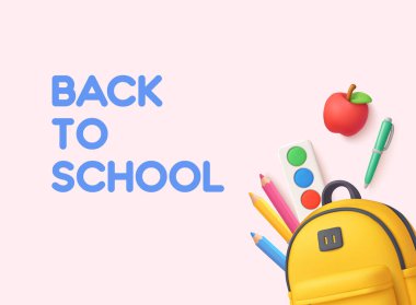 Sarı sırt çantalı, kalemli, pastel arka planda kalem, elma ve malzemeli okul konseptine geri dönelim. 3B Web Vektör Resimleri.