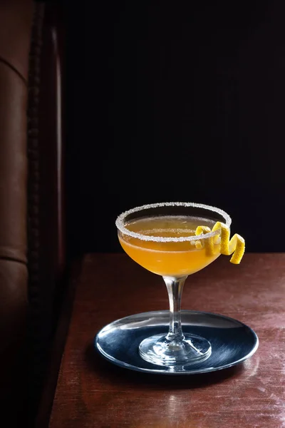 Sidecar Cocktail Served Straight Twist Sugared Rim Dark Luxurious Bar — Stock Photo, Image