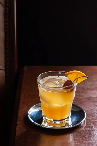 Amaretto Sour Cocktail Rocks Cherry Orange Garnish Dark Luxurious Bar — Stock Photo, Image