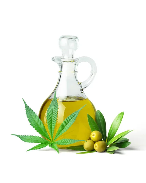Cannabis Hemp Infused Olive Oil Glass Pitcher Marijuana Leaf Olives — Stock Photo, Image