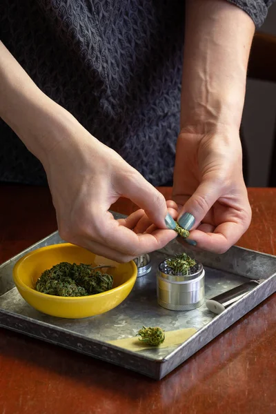 Frauenhände Stecken Marihuana Knospen Oder Hanfblumen Metallschleifer Tablett Mit Raucherzubehör — Stockfoto