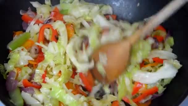 調理鍋に野菜を混ぜてスコップのクローズ アップ — ストック動画
