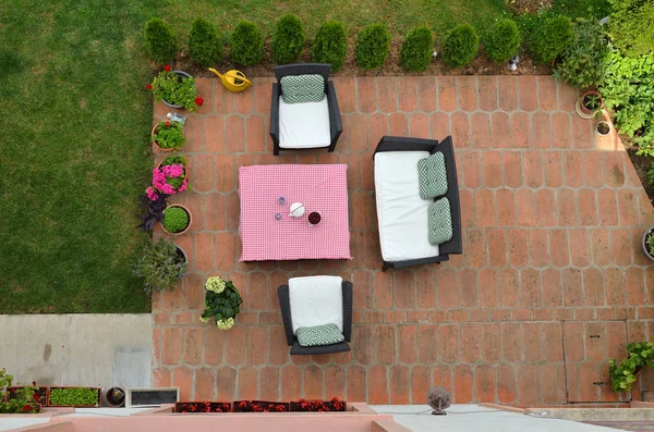 Garden furniture in a garden shot from above - bird's-eye view