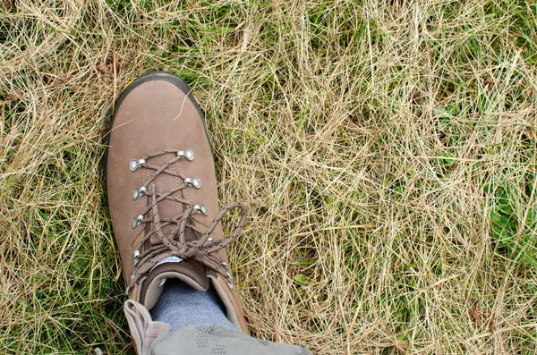 Perna Sapato Trekking Pisando Campo Montanha Verão — Fotografia de Stock