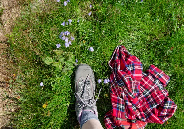 Been Trekking Schoen Intensivering Berg Veld Met Wilde Bloemen — Stockfoto