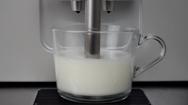 Preparing Cappuccino Milk Frothing Pouring Coffee Steam Coffee Machine Glass — Stock Video