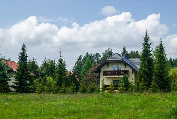 Пишний сад і гірський будинок — стокове фото