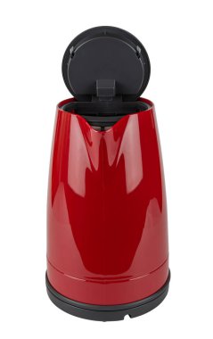 Açık kapağı beyaz arkaplanda izole edilmiş kırmızı ve siyah çaydanlığın ön görünümü