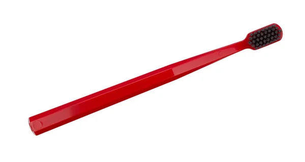 Nova Escova Dentes Vermelha Com Cabelos Pretos Isolados Fundo Branco — Fotografia de Stock
