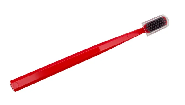 Κόκκινη Οδοντόβουρτσα Πλαστικό Διάφανο Καπάκι Που Απομονώνεται Λευκό Φόντο — Φωτογραφία Αρχείου
