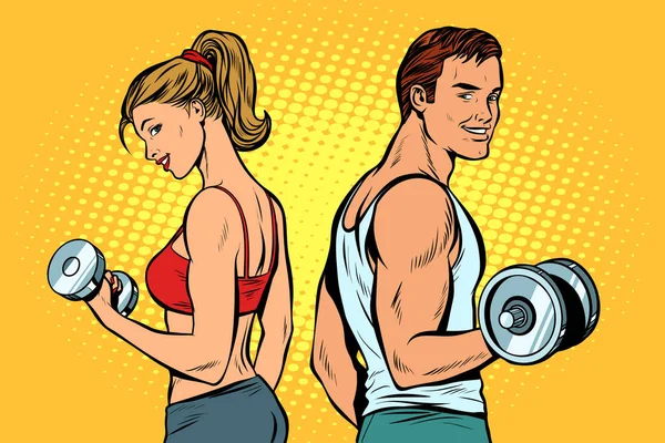 Pria dan wanita dengan dumbbells - Stok Vektor