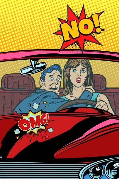 Accidente de coche en la carretera. Dios mío, no. Hombre y mujer reacción de frig — Archivo Imágenes Vectoriales