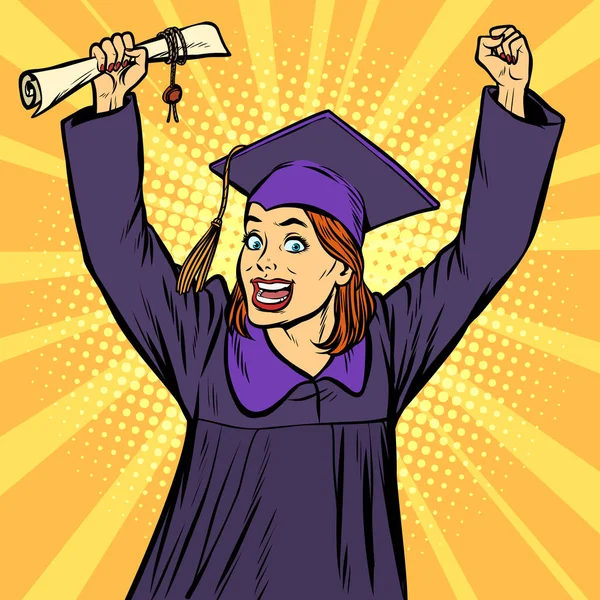 Alegre mujer graduado victorioso gesto manos arriba — Vector de stock