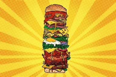 Büyük Burger Kulesi. Sokak yemeği. Pop Art retro vektör illüstrasyon kalitesiz klasik çizim