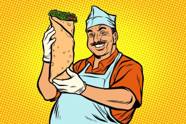 gülümseyen Oriental sokak gıda Şef. Kebap Shawarma döner
