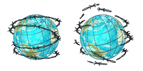 Установить Планету Земля Колючей Проволоке Ретро Векторная Иллюстрация Поп Арта — стоковый вектор