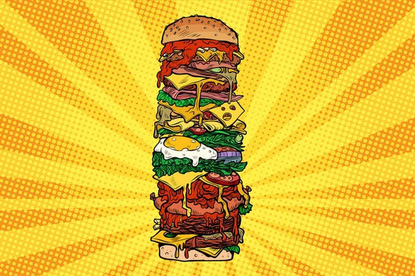 Büyük Burger Kulesi. Sokak yemeği. Pop Art retro vektör illüstrasyon kalitesiz klasik çizim