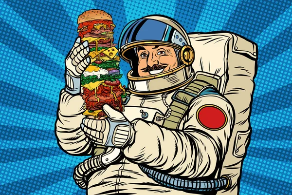 Mustachioed astronaut with giant Burger — Stock Vector