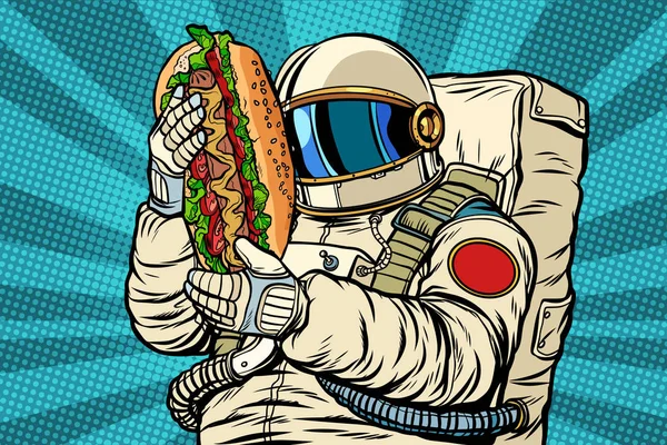 Astronauta con hot dog, fast food di strada — Vettoriale Stock