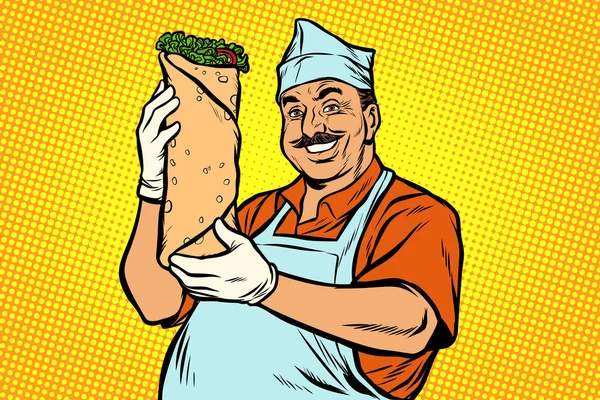 Sonriente chef de comida callejera oriental. Kebab Shawarma Doner — Archivo Imágenes Vectoriales