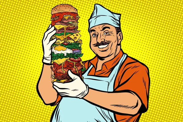 Lachende Oriental street food chef-kok. grote hamburger — Stockvector
