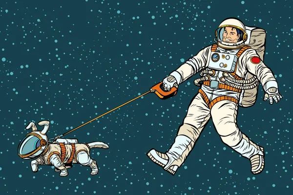 太空服中的宇航员遛狗 — 图库矢量图片