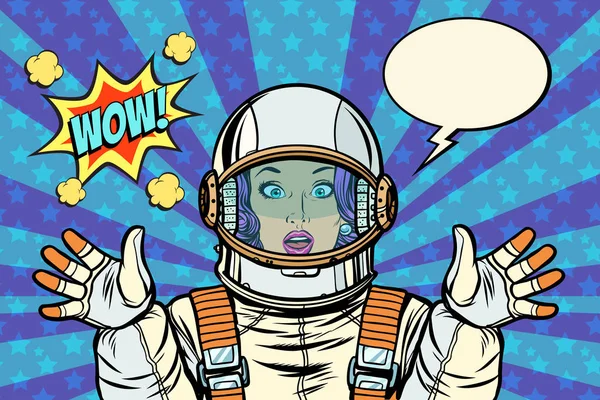 Wow a pop-art nő űrhajós — Stock Vector